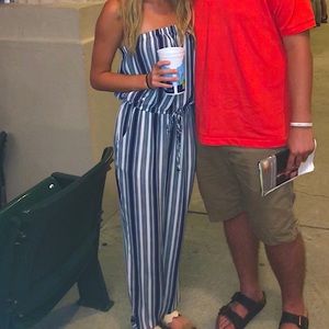 Strapless Blue and White Striped Jumpsuit